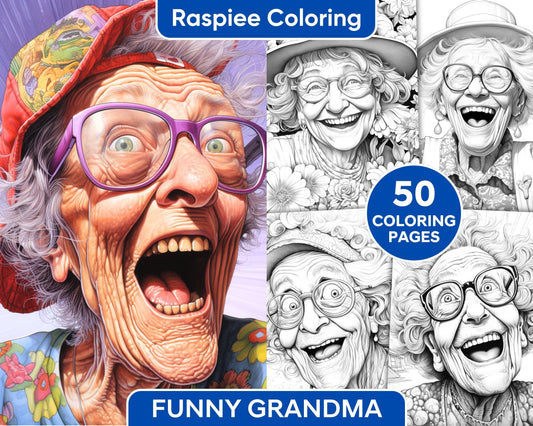 50 Funny Grandma Grayscale Coloring Pages for Adults, Printable PDF Instant Download