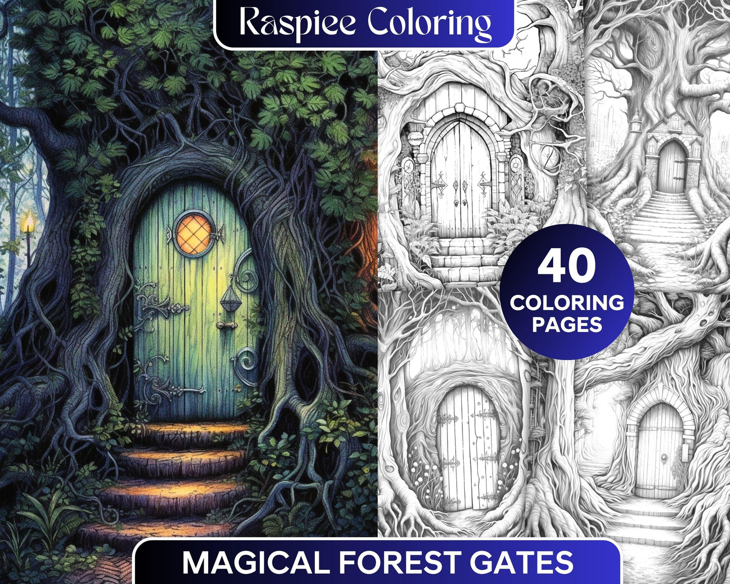 40 Magical Forest Gates Grayscale Coloring Pages Printable for Adults, PDF File Instant Download