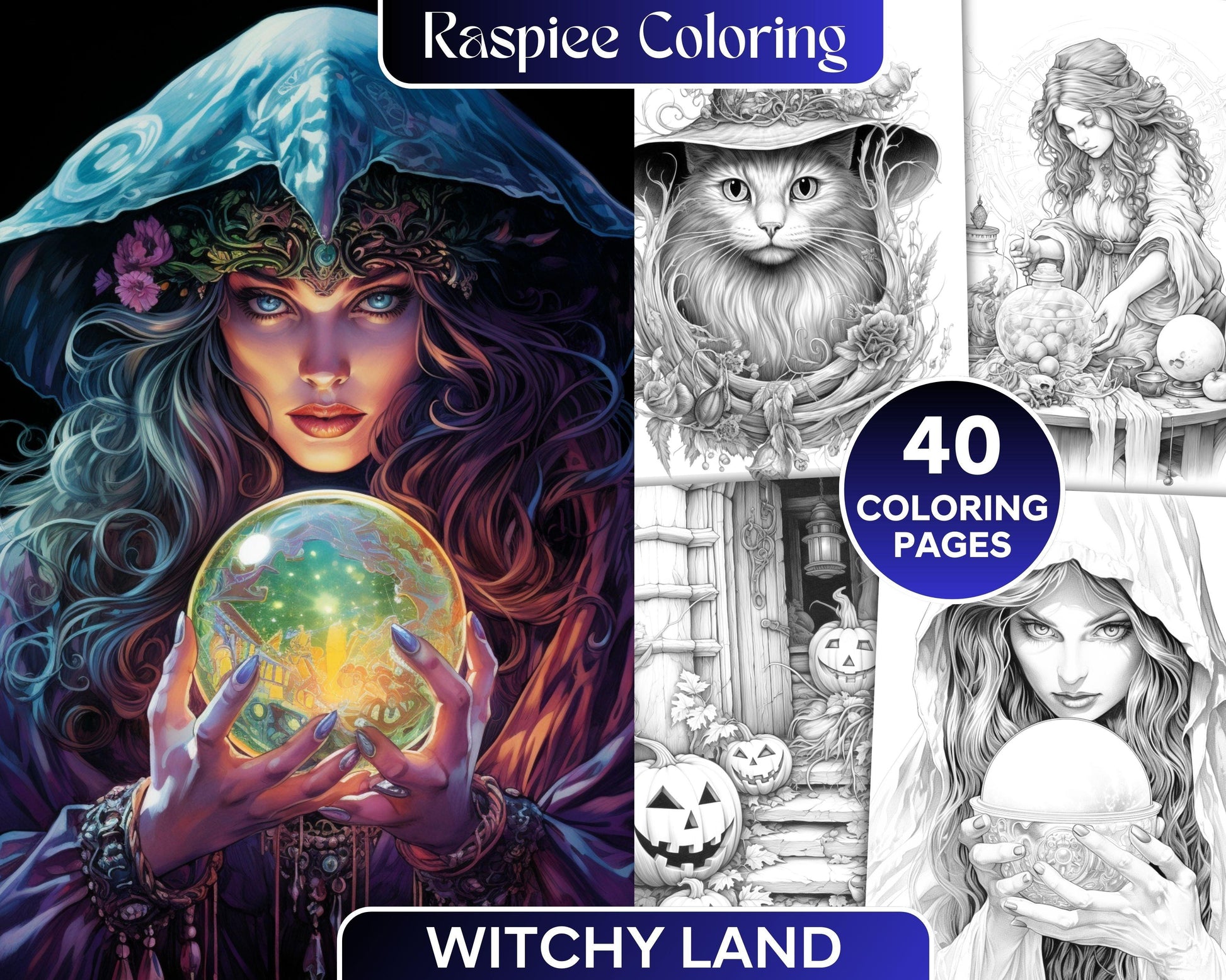 40 Witchy Land Grayscale Coloring Pages Printable for Adults, PDF File Instant Download