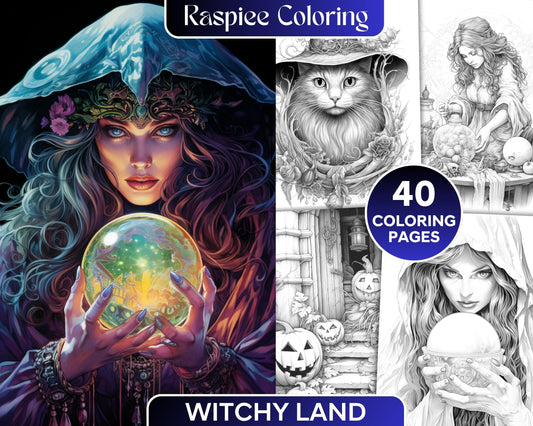 40 Witchy Land Grayscale Coloring Pages Printable for Adults, PDF File Instant Download