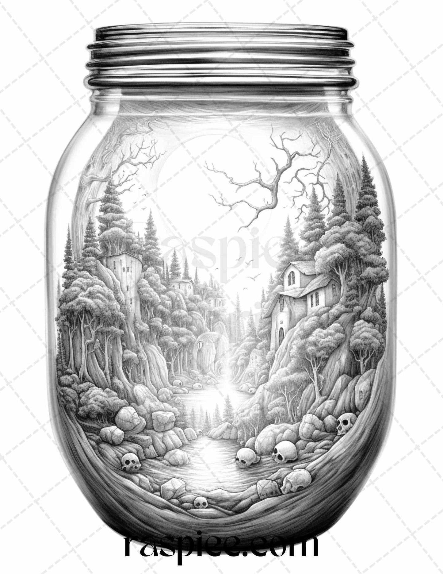 40 Halloween in Jar Grayscale Coloring Pages for Adults, Printable PDF File Instant Download