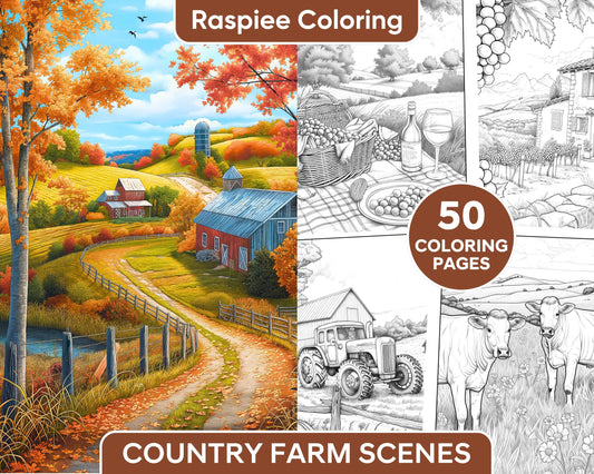 50 Country Farm Scenes Adult Coloring Pages Printable PDF Instant Download