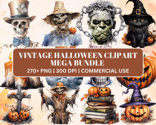 270+ PNG Watercolor Vintage Halloween Clipart Mega Bundle, Happy Halloween Illustrations