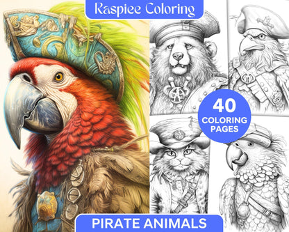 40 Pirate Animals Grayscale Coloring Pages Printable for Adults, PDF File Instant Download