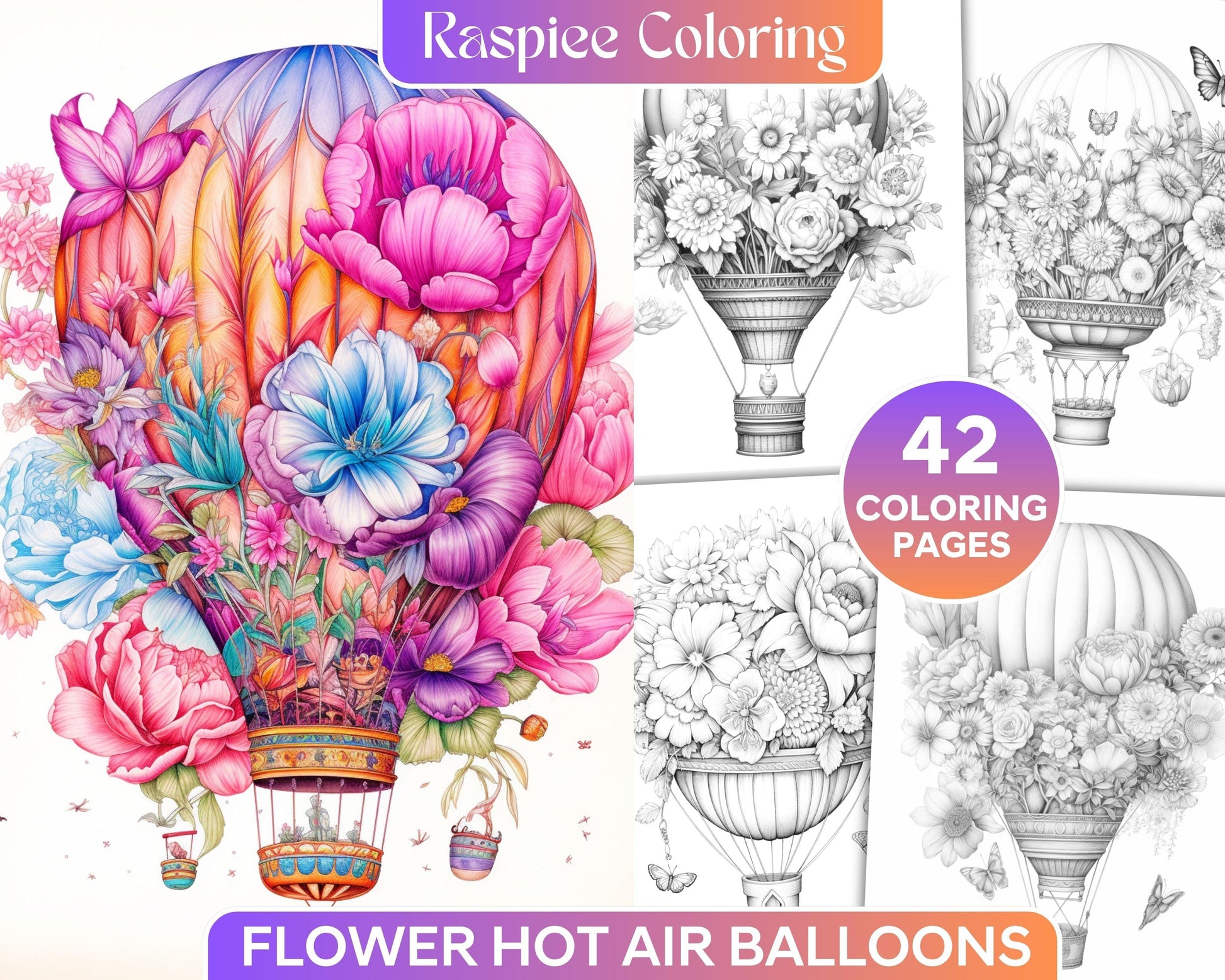 42 Flower Hot Air Balloons Grayscale Coloring Pages Printable for Adults, PDF File Instant Download