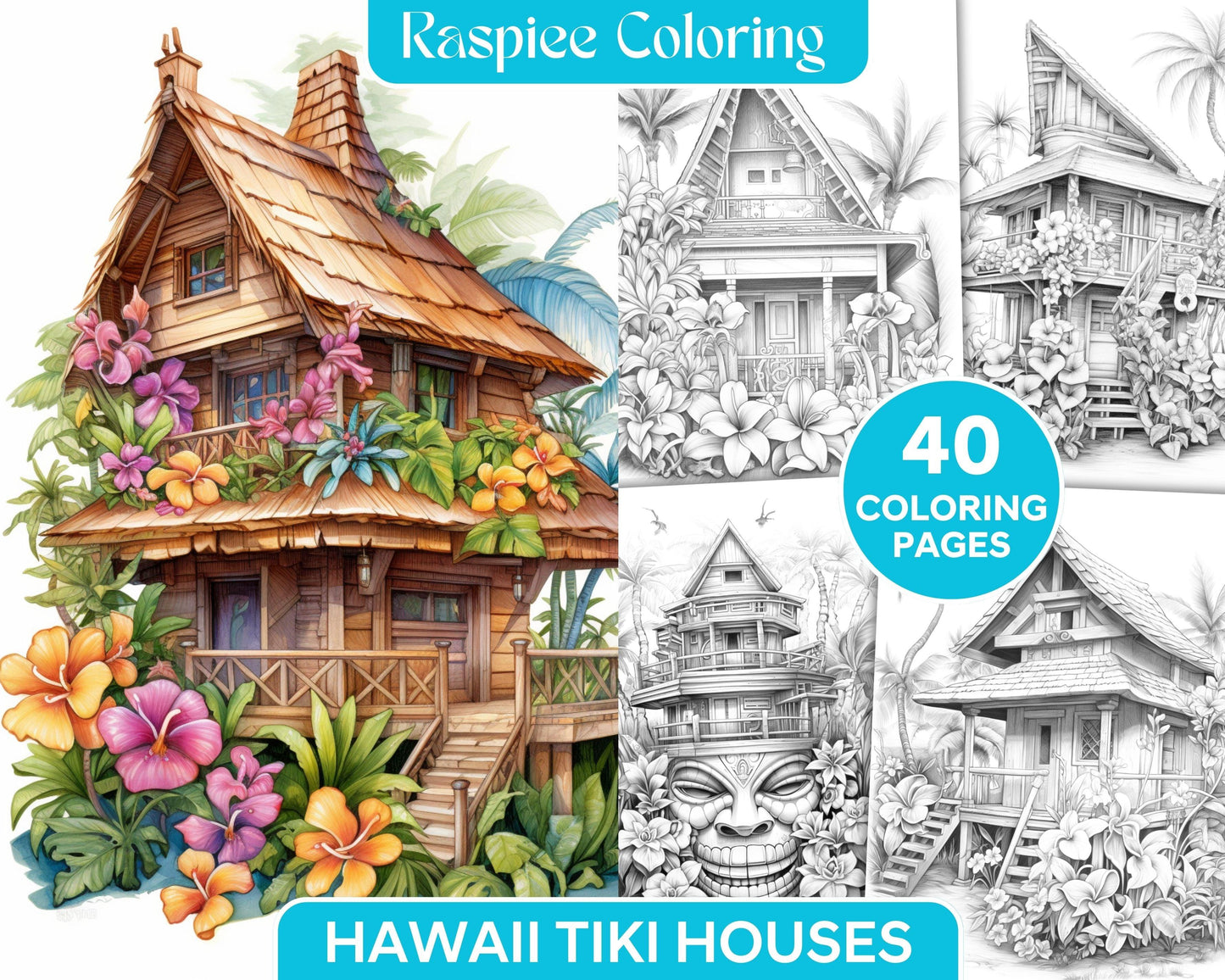 40 Hawaii Tiki Houses Grayscale Coloring Pages Printable for Adults, PDF File Instant Download