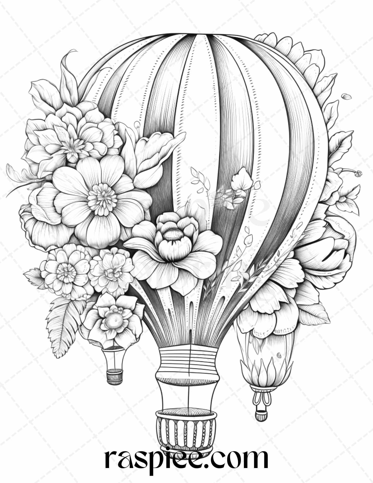 42 Flower Hot Air Balloons Grayscale Coloring Pages Printable for Adults, PDF File Instant Download