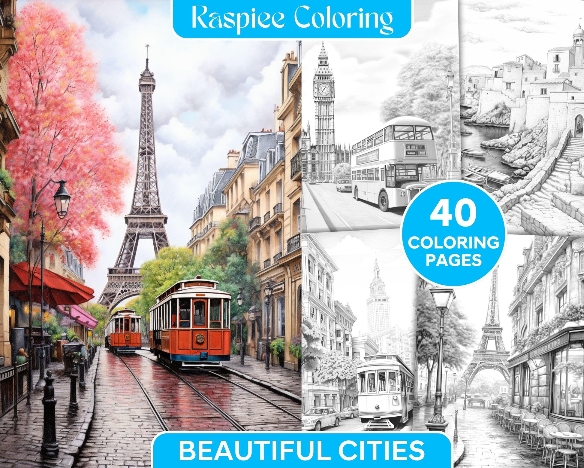 40 Beautiful Cities Travel Grayscale Coloring Pages Printable for Adults, PDF File Instant Download