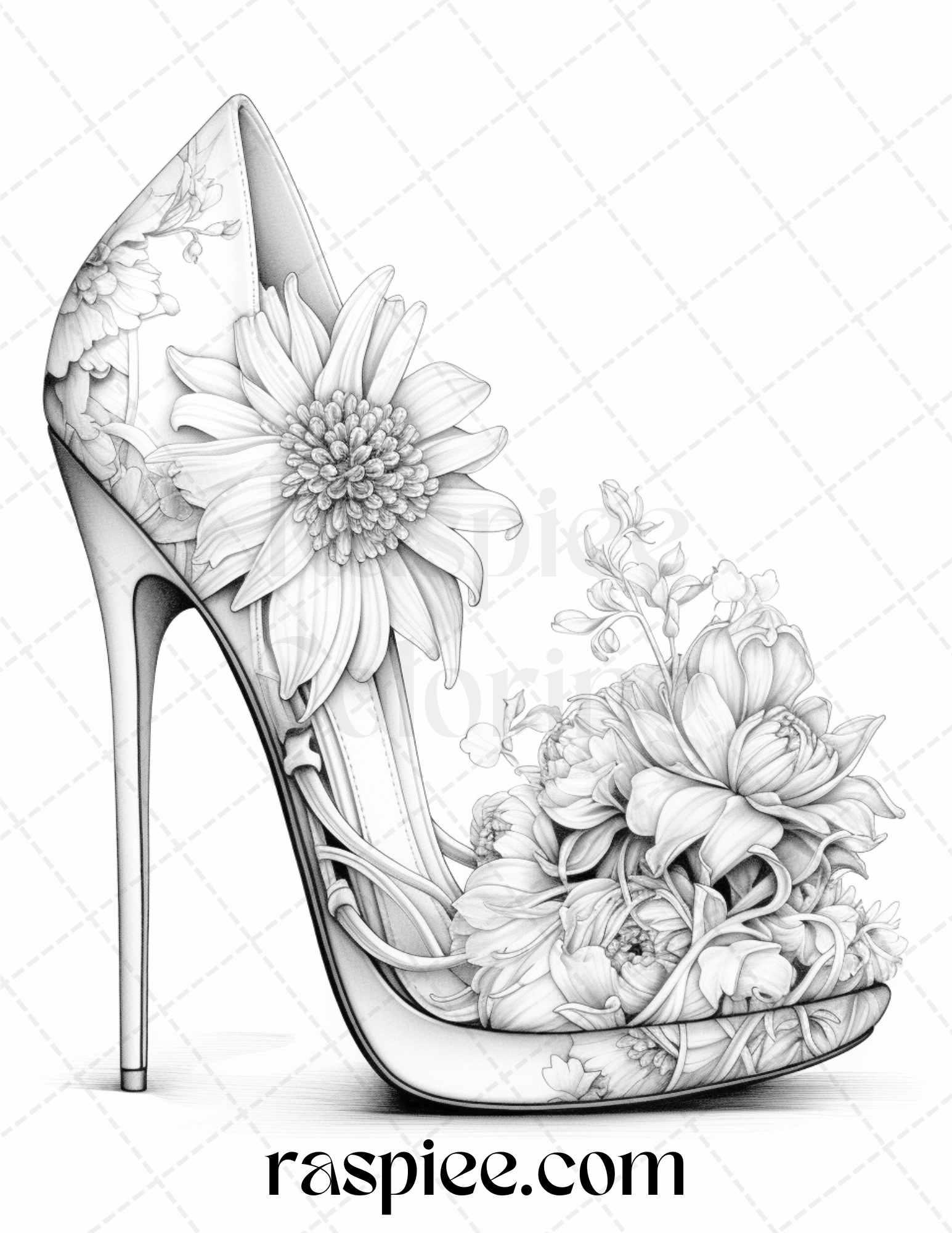 40 Flower Wedding Shoes Grayscale Coloring Pages Printable for Adults, PDF File Instant Download