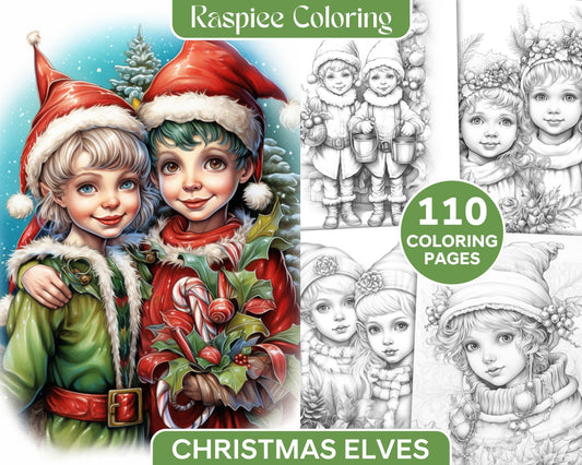 110 Christmas Elves Grayscale Coloring Pages Printable for Adults Kids, PDF File Instant Download