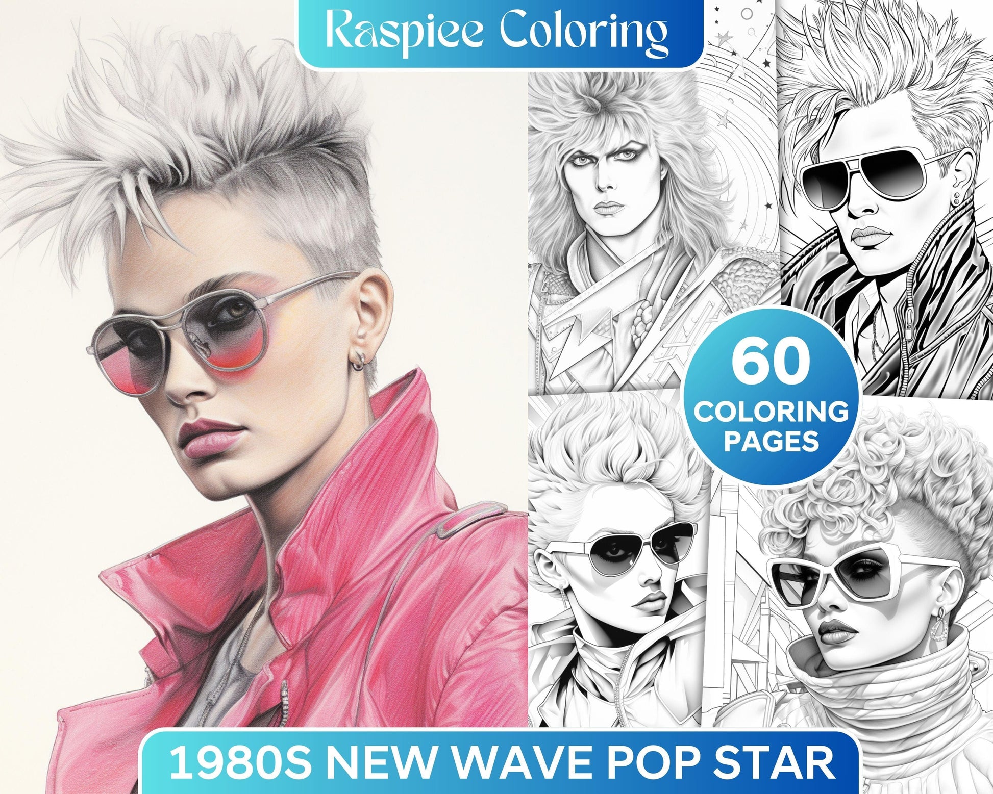 1980s New Wave Pop Star Grayscale Coloring Pages Printable for Adults, PDF File Instant Download