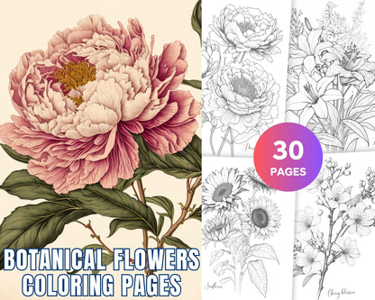 30 Botanical Flowers Printable Coloring Pages for Adults, Floral Grayscale Coloring Book, Printable PDF File Download