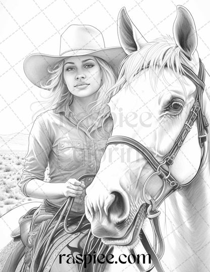 40 Beautiful Cowgirls Grayscale Coloring Pages Printable for Adults, PDF File Instant Download