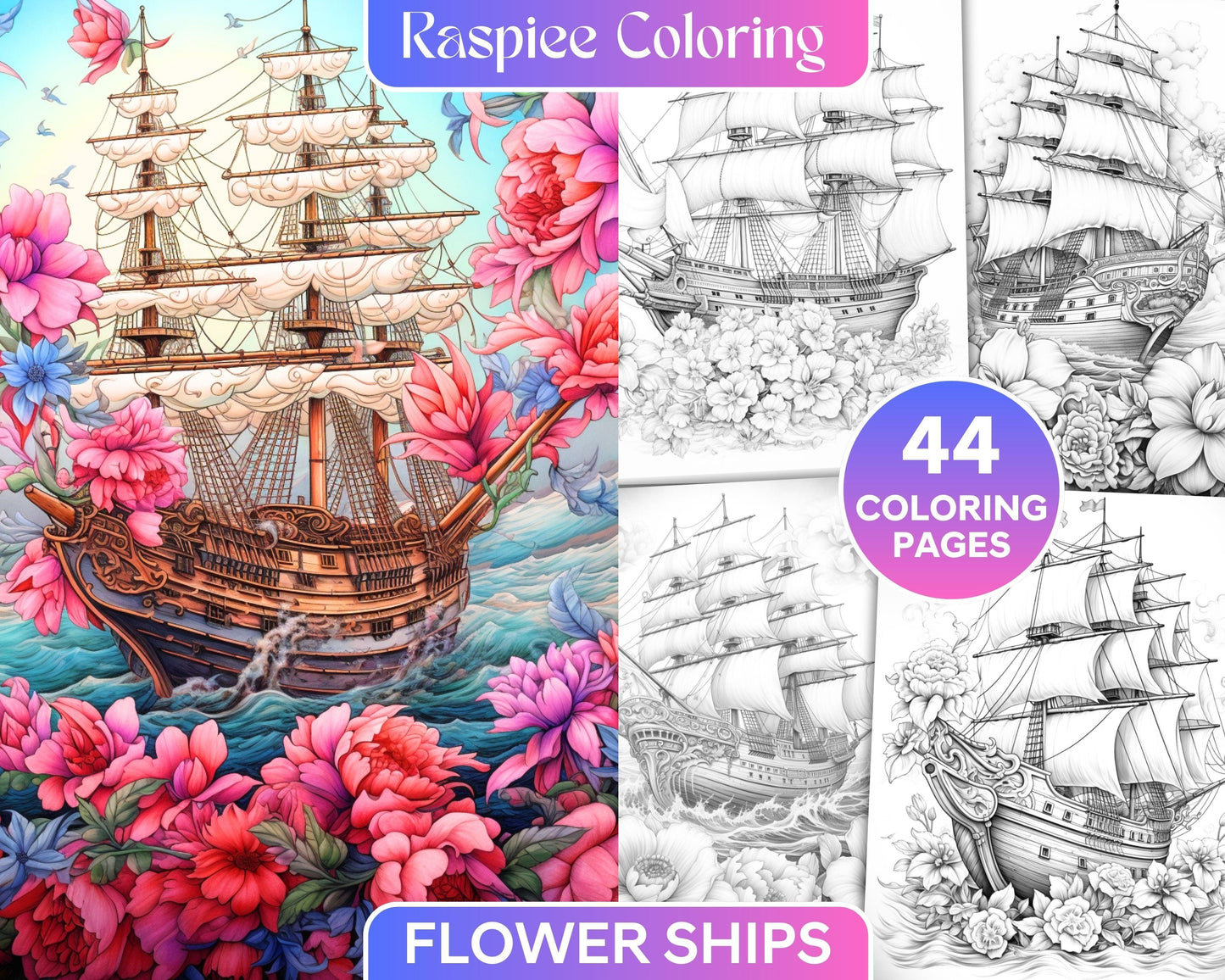 44 Flower Ships Graysale Coloring Pages Printable for Adults, PDF File Instant Download