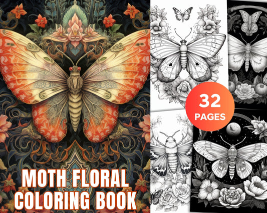 32 Beautiful Moths and Floral Coloring Book for Adults, Grayscale Coloring Page, Printable PDF Instant Download