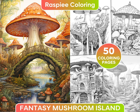 50 Fantasy Mushroom Island Grayscale Coloring Pages for Adults, Printable PDF Instant Download