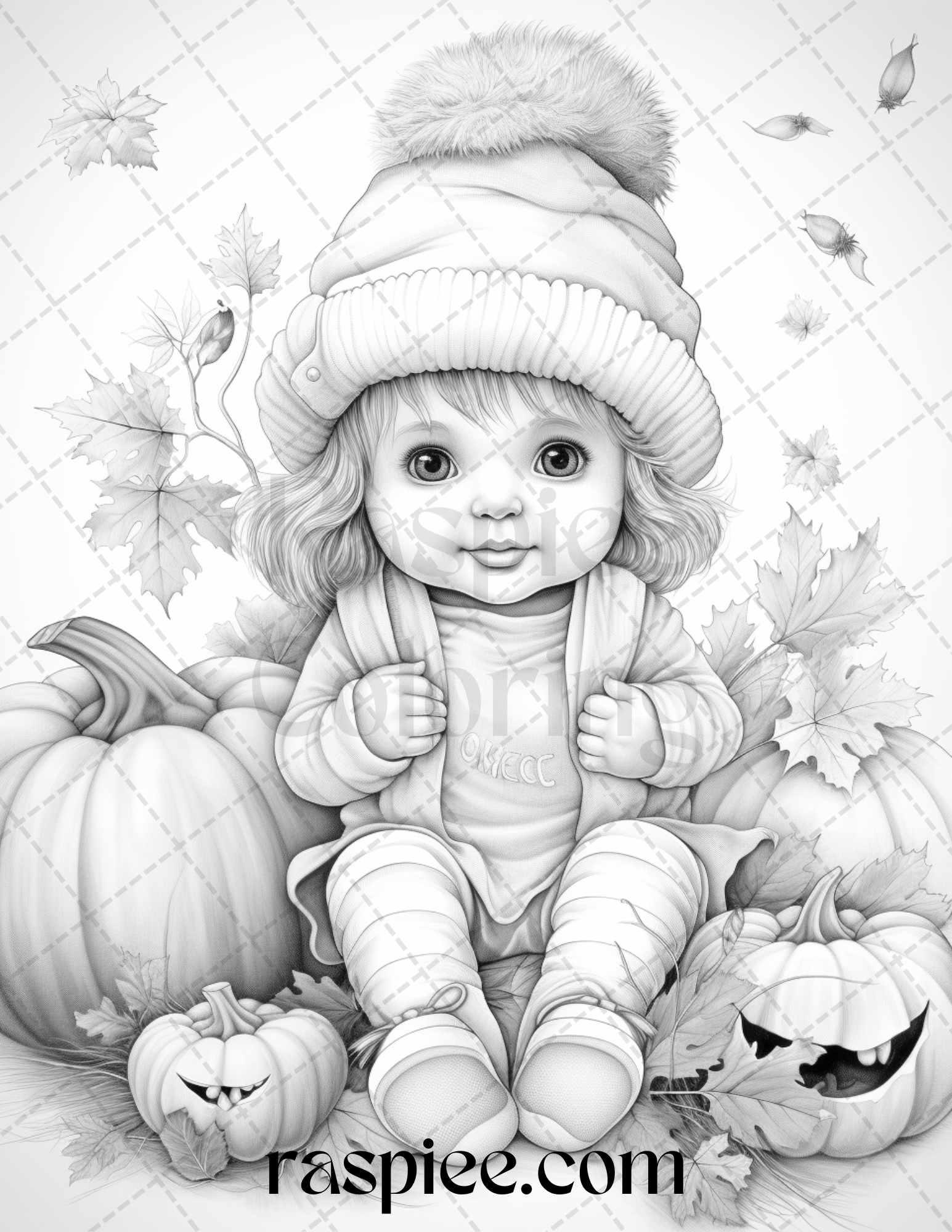 40 Pumpkin Babies Grayscale Coloring Pages for Adults and Kids, Printable PDF File Instant Download