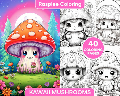 40 Kawaii Mushrooms Grayscale Coloring Pages for Adults, Printable PDF Instant Download