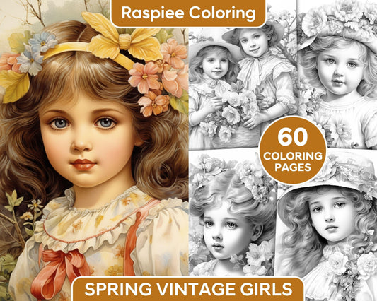 60 Spring Vintage Girls Grayscale Adult Coloring Pages, Printable PDF Instant Download