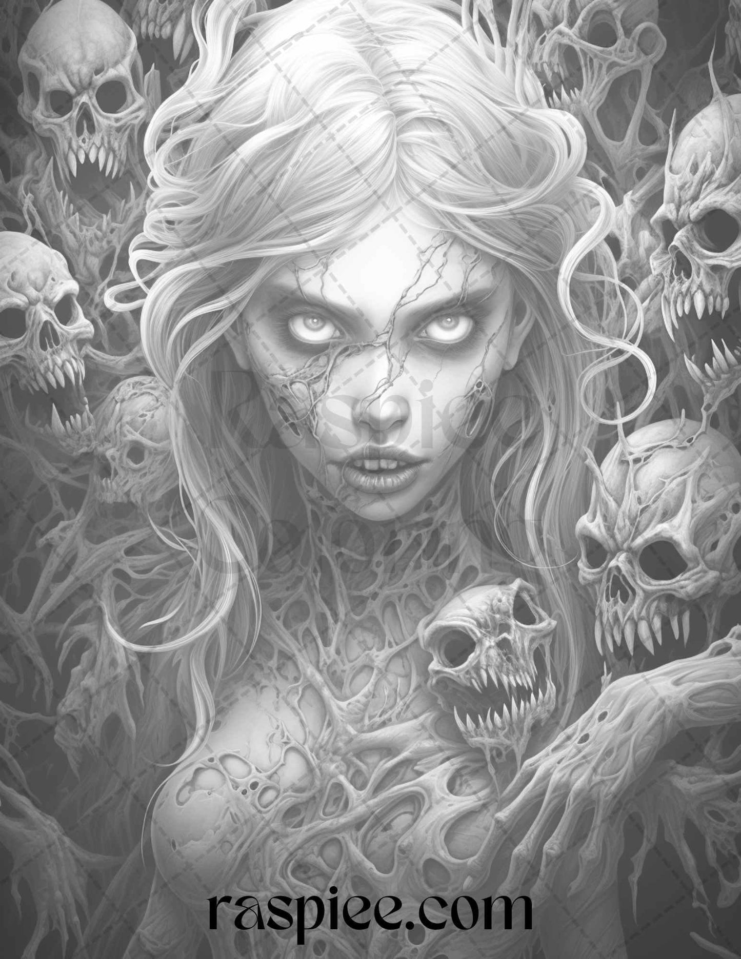 40 Scary Zombie Girls Grayscale Coloring Pages Printable for Adults, PDF File Instant Download