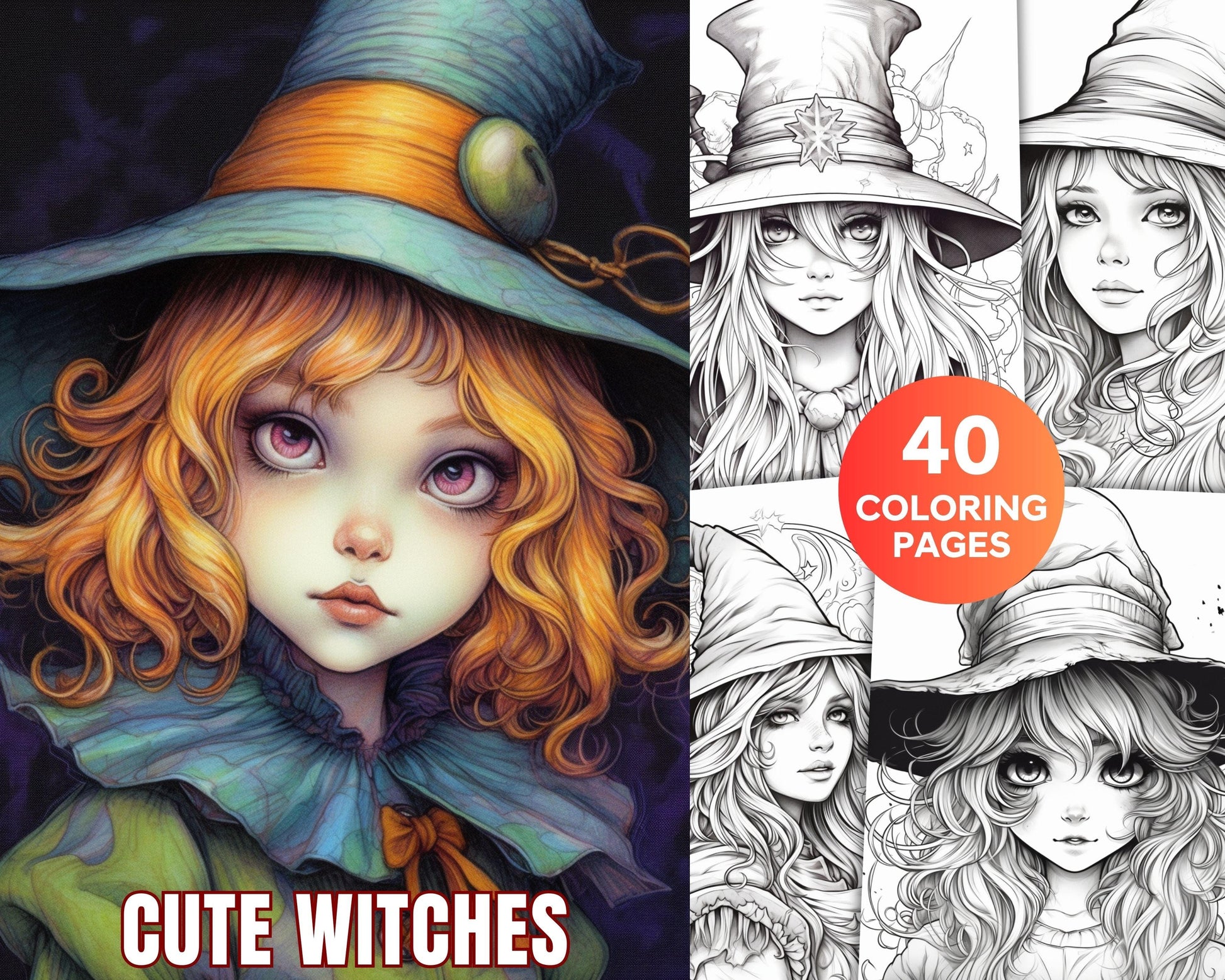 40 Cute Witches Coloring Pages Printable for Adults, Grayscale Coloring Page, PDF File Instant Download