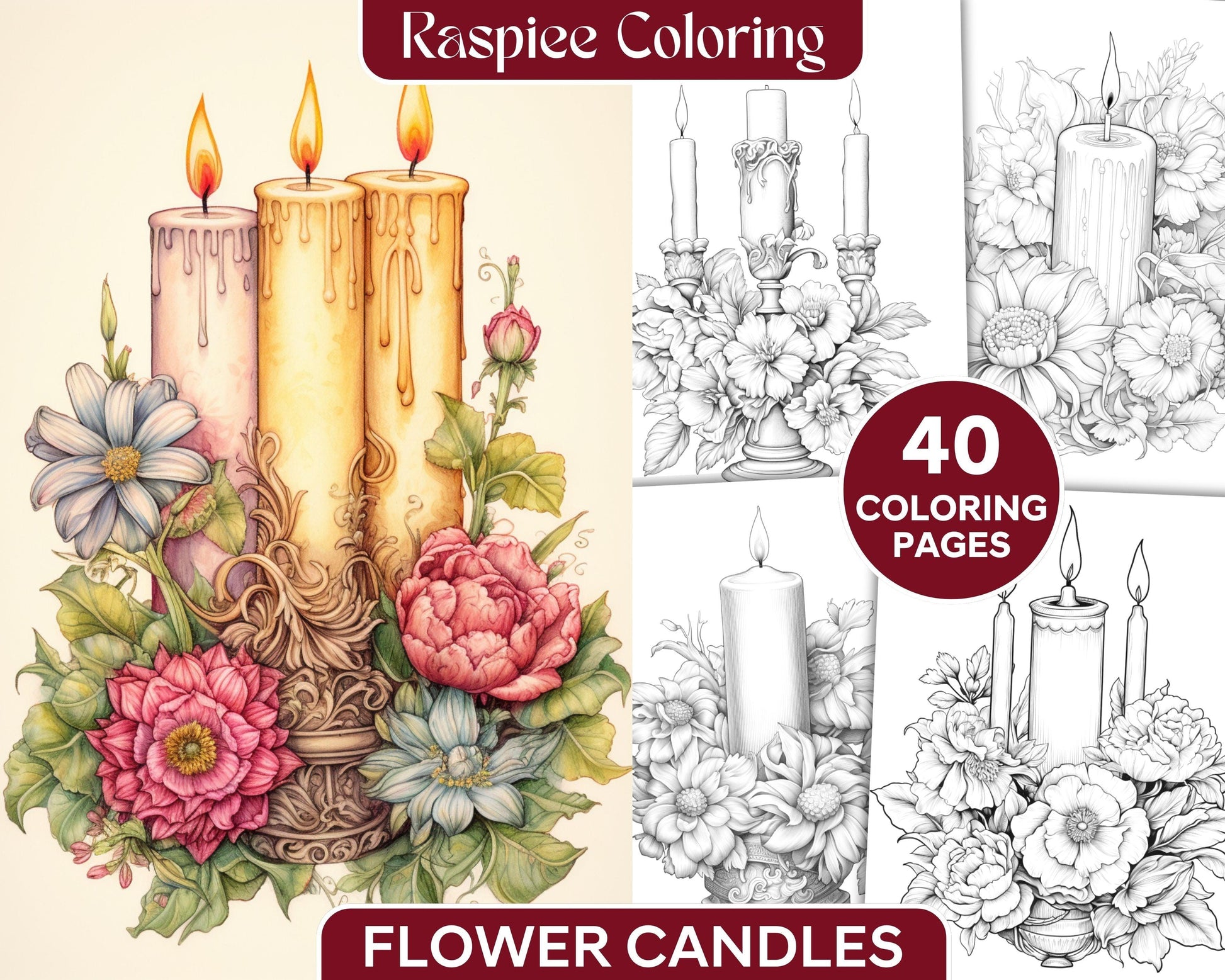 40 Flower Candles Grayscale Coloring Pages Printable for Adults, PDF File Instant Download