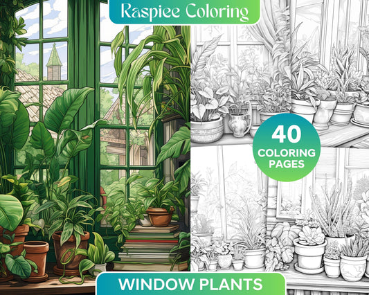 40 Window Plants Grayscale Coloring Pages Printable for Adults, PDF File Instant Download