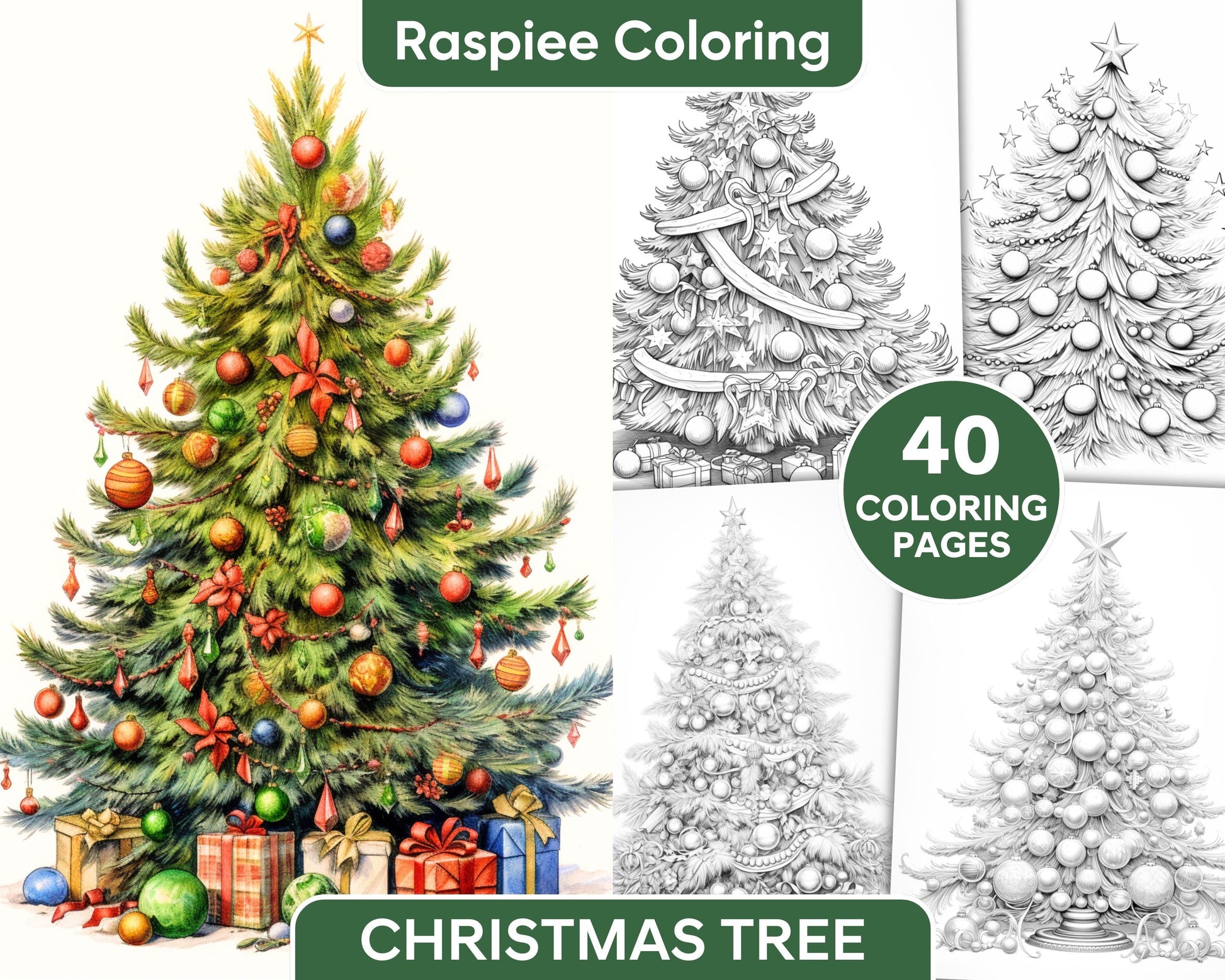 40 Christmas Tree Grayscale Coloring Pages for Adults, Printable PDF Instant Download