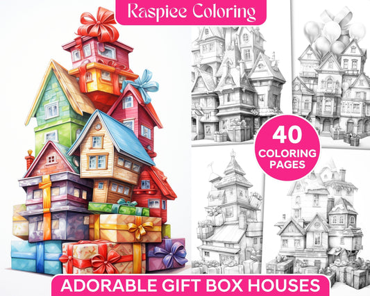 40 Adorable Gift Box Houses Grayscale Coloring Pages Printable for Adults Kids, PDF File Instant Download