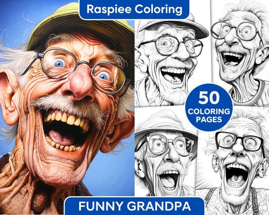 50 Funny Grandpa Grayscale Coloring Pages for Adults, Printable PDF Instant Download