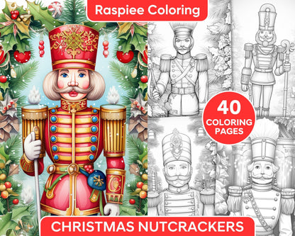 40 Christmas Nutcrackers Grayscale Coloring Pages for Adults, Printable PDF File Instant Download