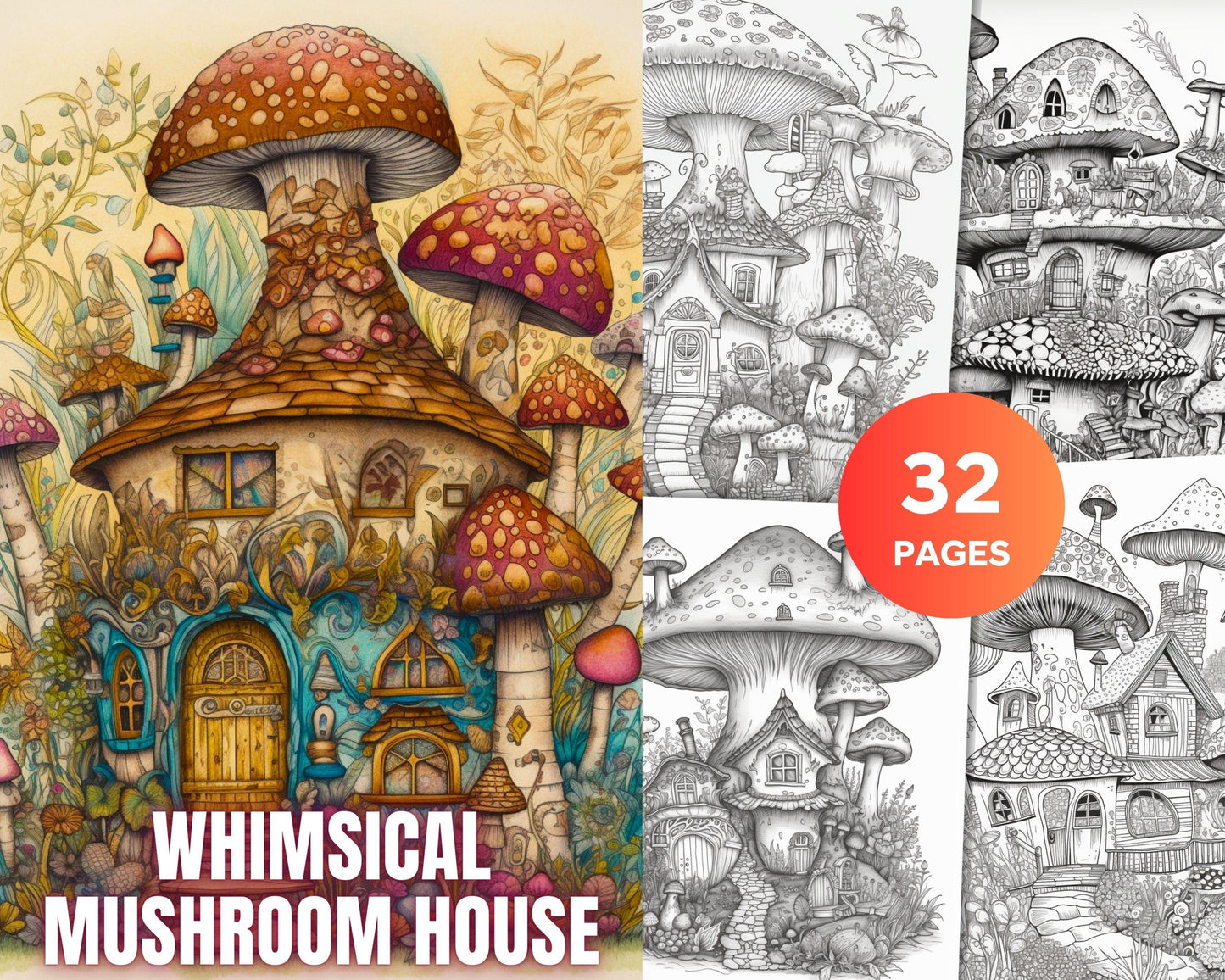 32 Whimsical Mushroom House Coloring Pages for Adults, Grayscale Coloring Book, Printable PDF File Download