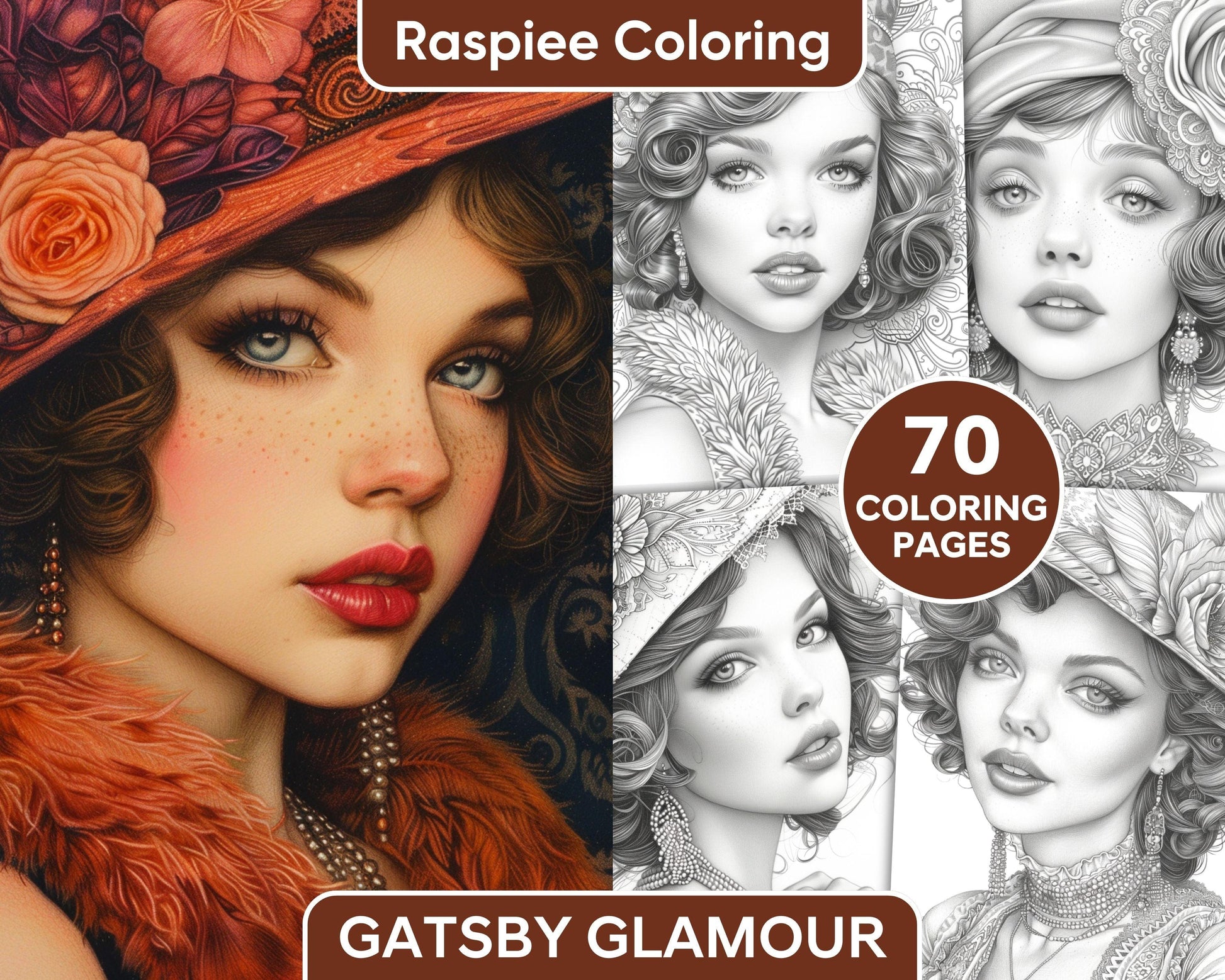 70 Gatsby Glamour Grayscale Adult Coloring Pages, Printable PDF Instant Download