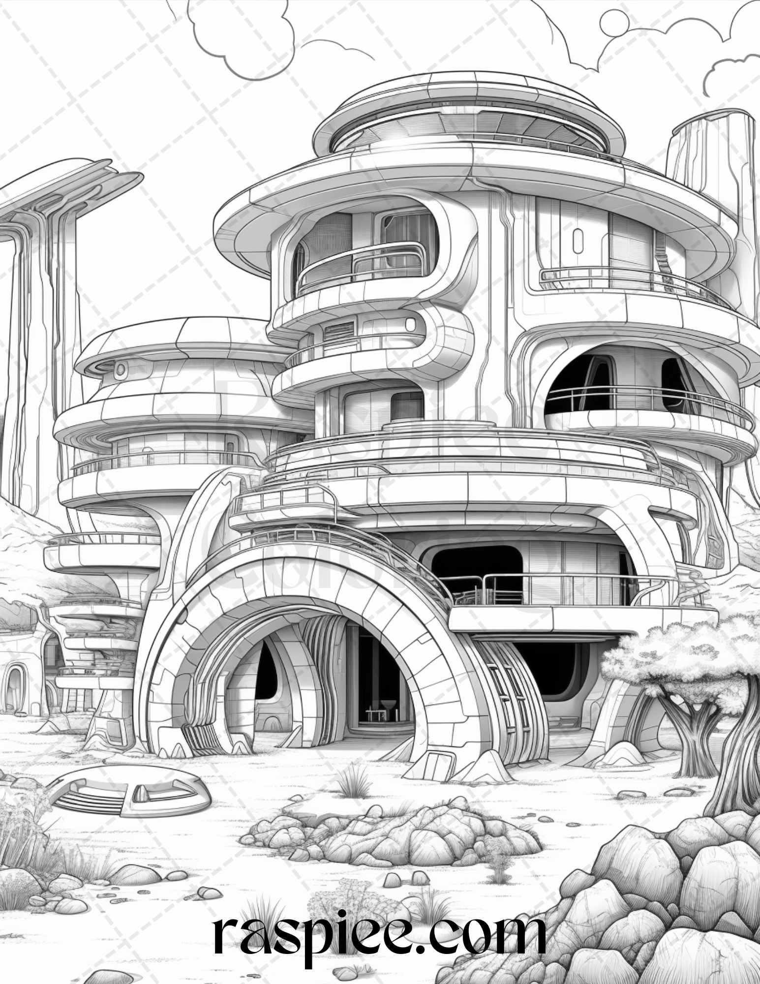 43 Futuristic Houses Grayscale Coloring Pages Printable for Adults, PDF File Instant Download