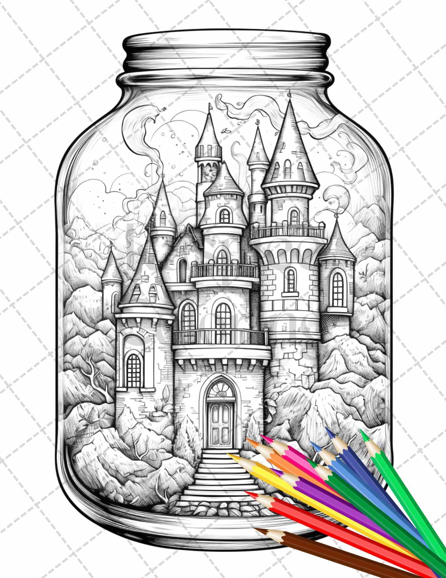 42 Fantasy Castle In Jar Grayscale Coloring Pages Printable for Adults, PDF File Instant Download