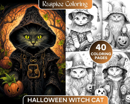 40 Halloween Witch Cat Grayscale Coloring Pages Printable for Adults, PDF File Instant Download