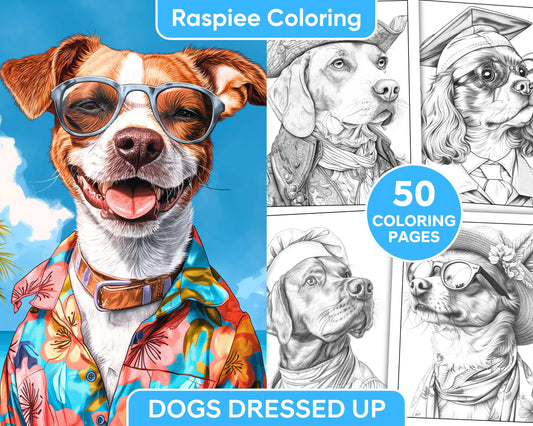 50 Dogs Dressed Up Adult Coloring Pages Printable PDF Instant Download