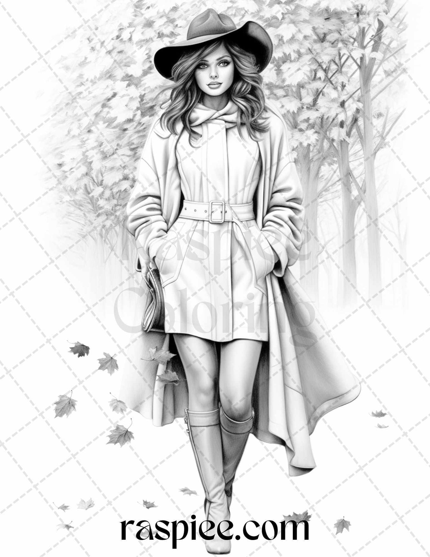 40 Fall Fashion Grayscale Coloring Pages for Adults, Printable PDF File Instant Download