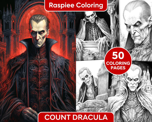 50 Count Dracula Grayscale Coloring Pages Printable for Adults, PDF File Instant Download