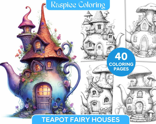 40 Teapot Fairy Houses Grayscale Coloring Pages Printable for Adults, PDF File Instant Download