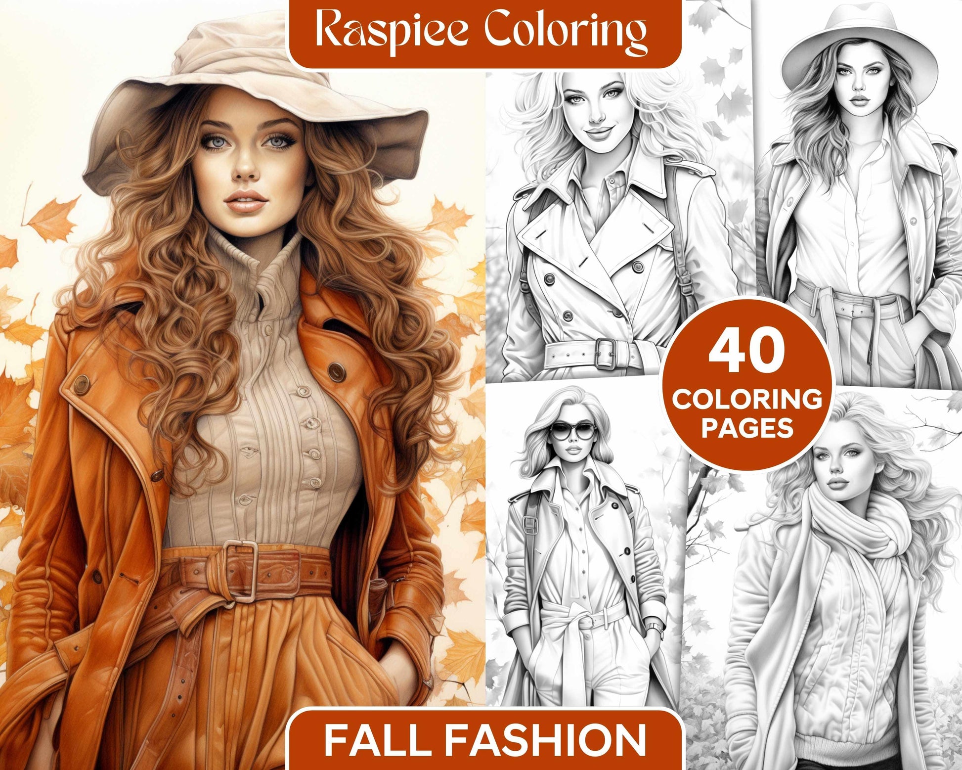 40 Fall Fashion Grayscale Coloring Pages for Adults, Printable PDF File Instant Download