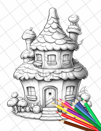 50 Adorable Cake Houses Grayscale Coloring Pages Printable for Adults and Kids, PDF File Instant Download