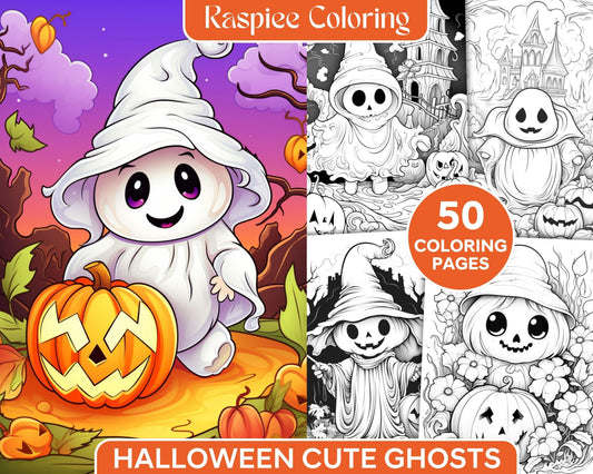 50 Halloween Cute Ghosts Grayscale Coloring Printable for Adults Kids, PDF File Instant Download