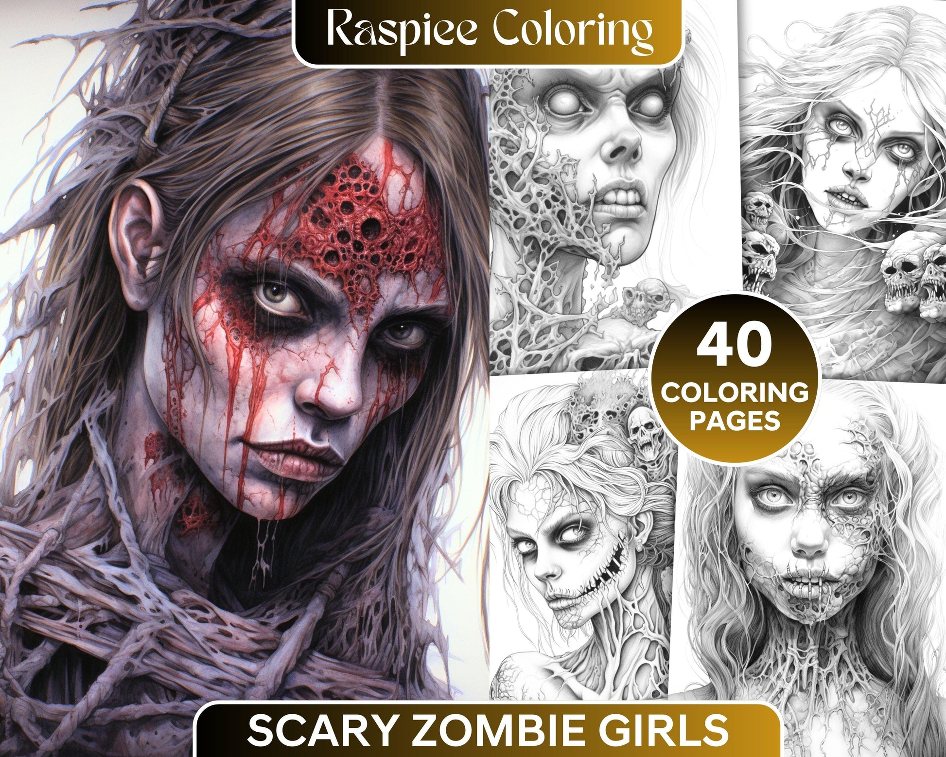 40 Scary Zombie Girls Grayscale Coloring Pages Printable for Adults, PDF File Instant Download