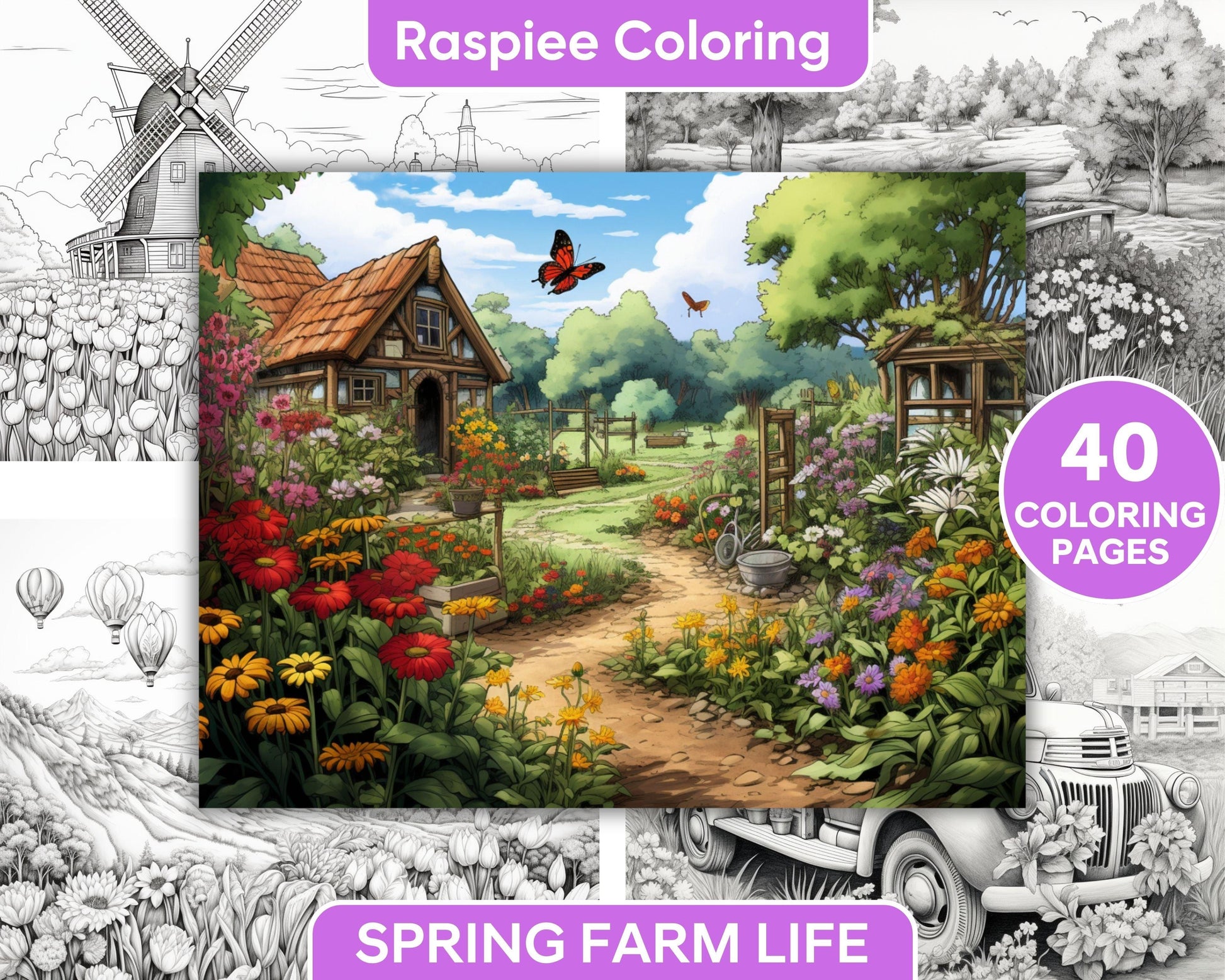 40 Spring Farm Life Grayscale Adult Coloring Pages, Printable PDF Instant Download