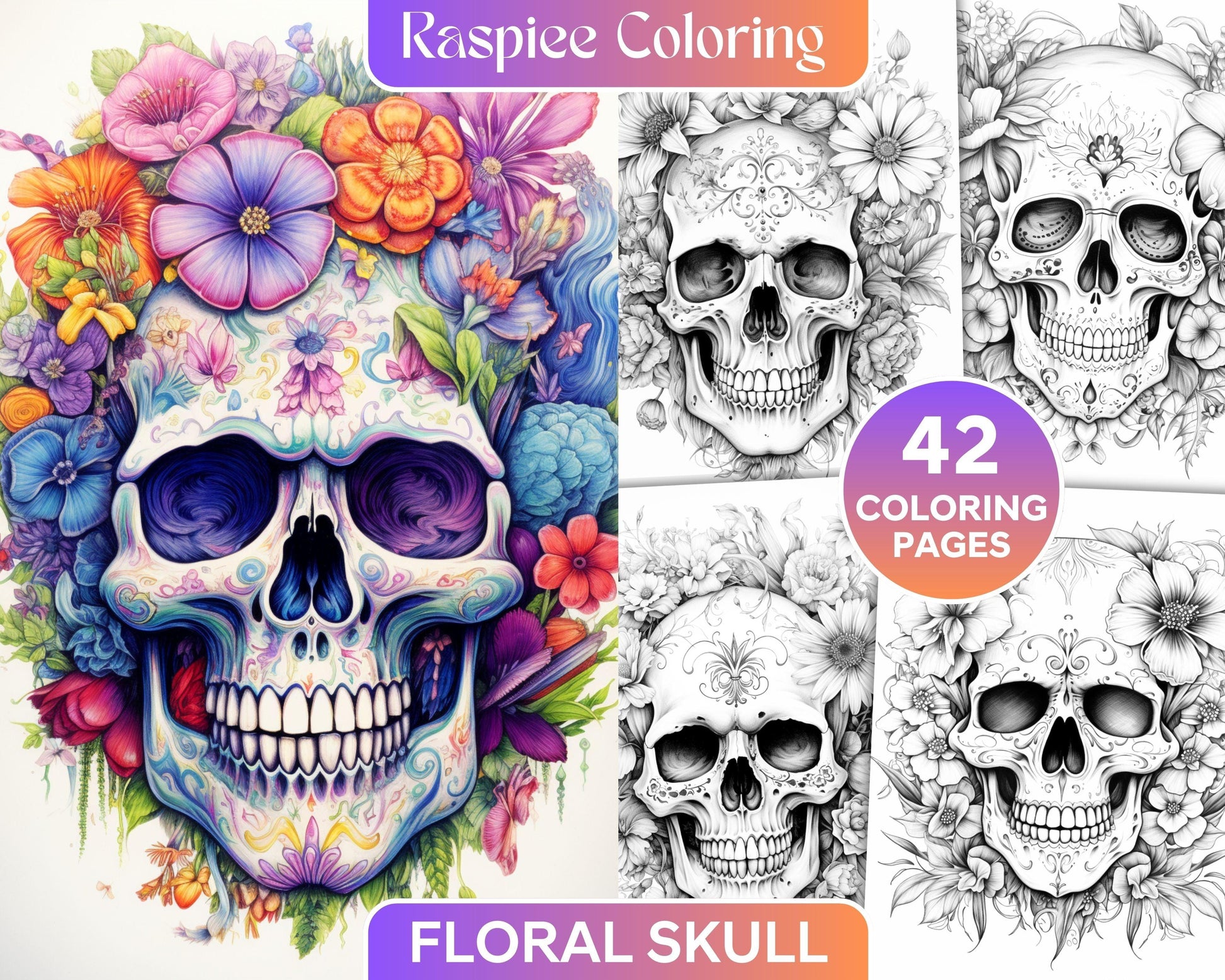 42 Floral Skull Grayscale Coloring Pages for Adults, Stress Relief Coloring Sheets, Printable PDF File Instant Download