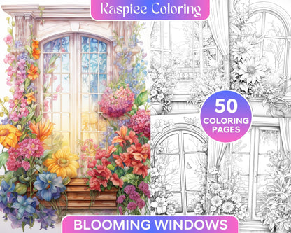 50 Blooming Windows Grayscale Coloring Pages Printable for Adults, PDF File Instant Download