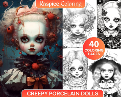 40 Creepy Porcelain Dolls Grayscale Coloring Pages for Adults, PDF File Instant Download