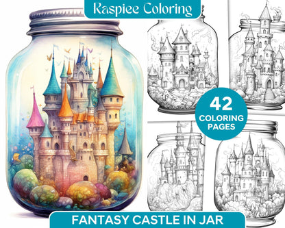 42 Fantasy Castle In Jar Grayscale Coloring Pages Printable for Adults, PDF File Instant Download