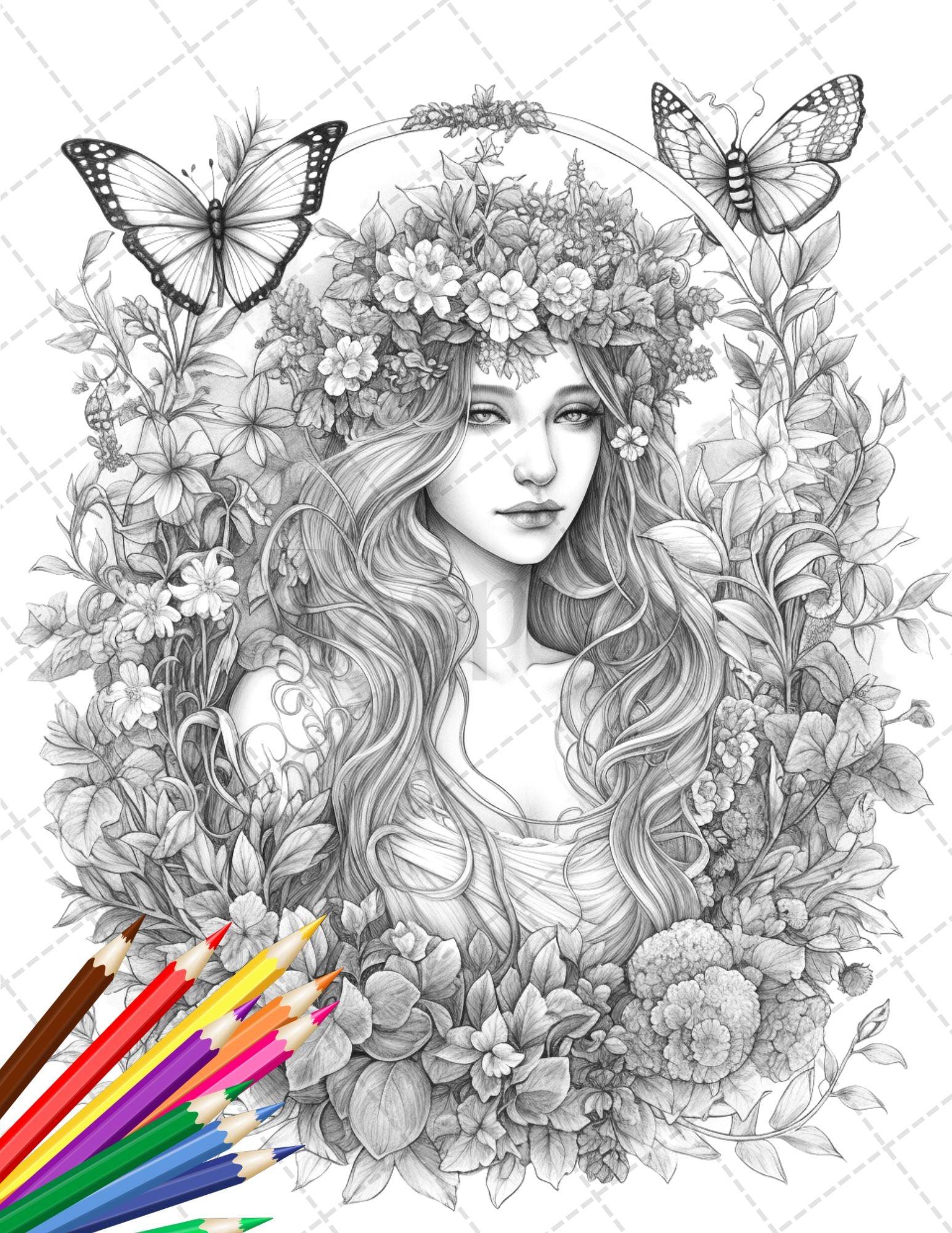 30 Beautiful Fairies Coloring Page Book for Adults, Flower Fairy Grayscale Coloring Book, Fairy Coloring Sheets, Printable PDF File Download